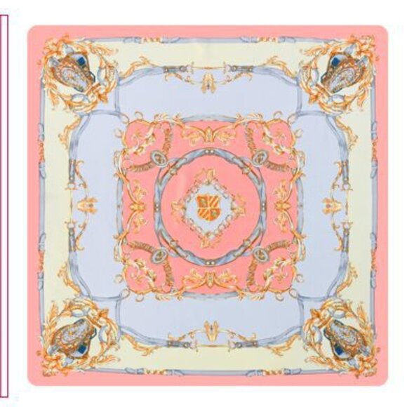 2/$30 Pink & Blue Baroque Silk Scarf Vintage Square Satin Neck Scarf Wrap - Picture 6 of 7